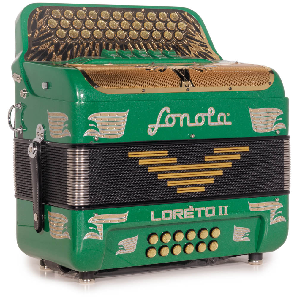 Sonola Loreto II Accordion 5 Switch FBE Green Glitter with Gold-accordion-Sonola-Hermes Music