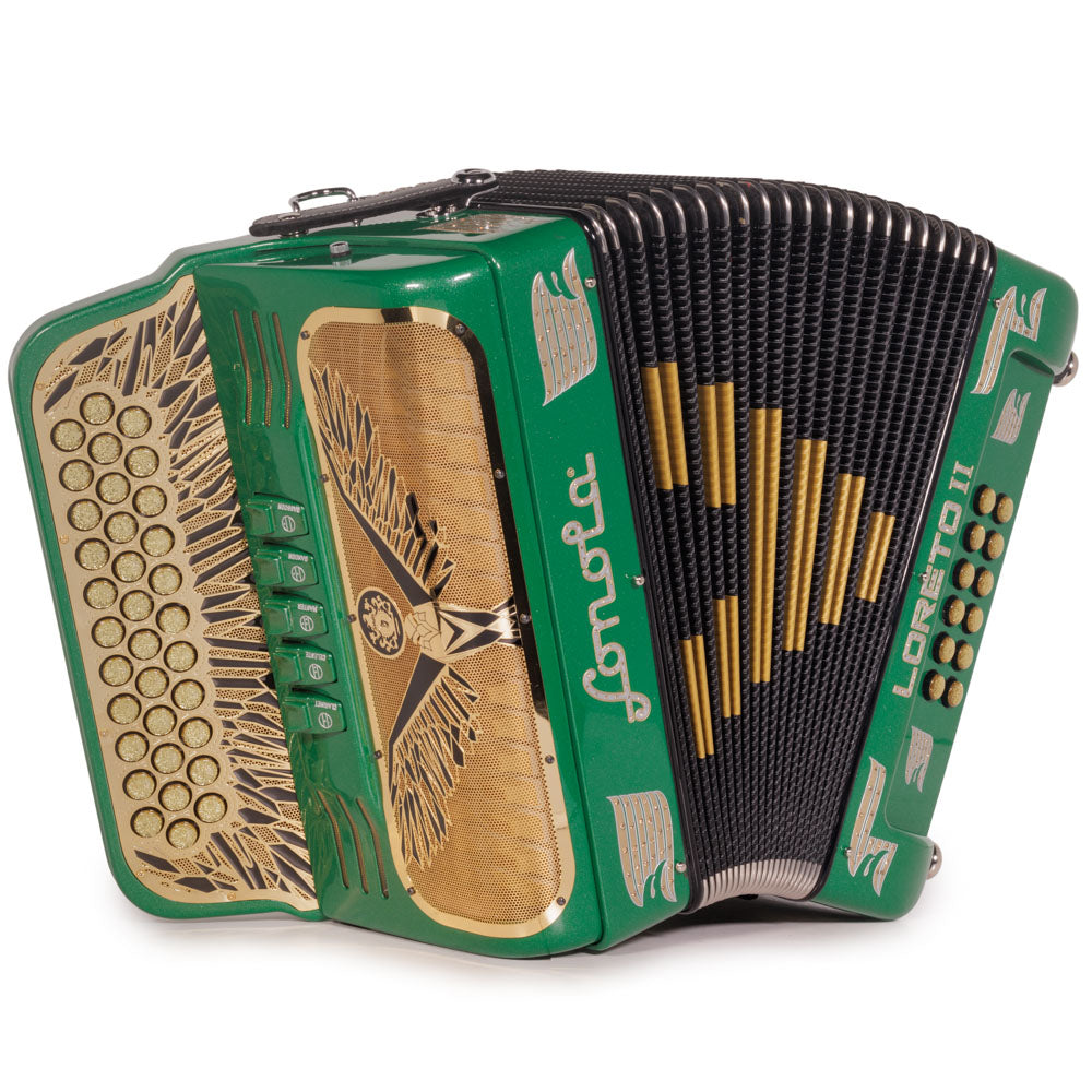 Sonola Loreto II Accordion 5 Switch FBE Green Glitter with Gold-accordion-Sonola-Hermes Music