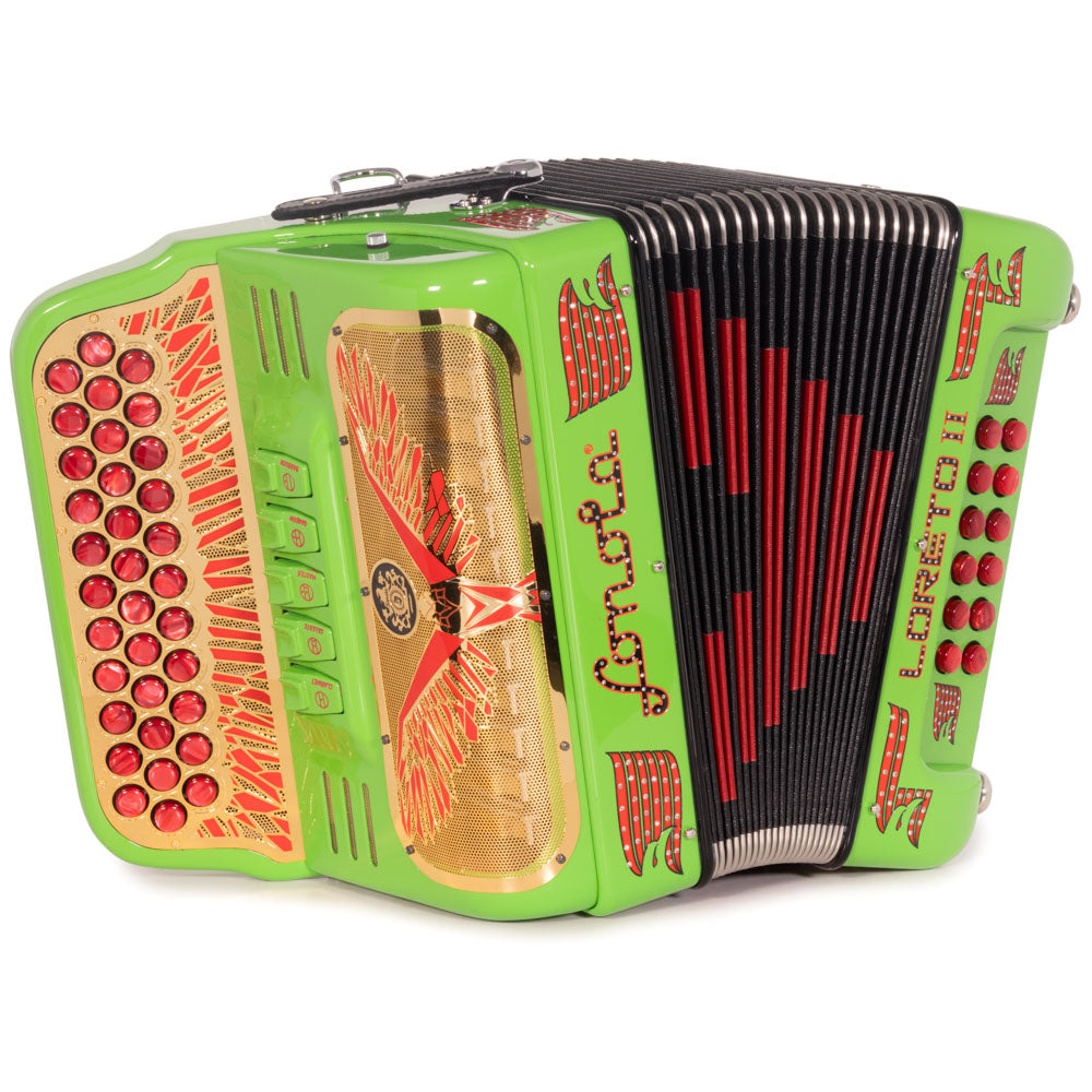 Sonola Loreto II Ultra Compact Accordion 5 Switch FBE Lime Green with Red Designs-Accordions & Concertinas-Sonola-Hermes Music