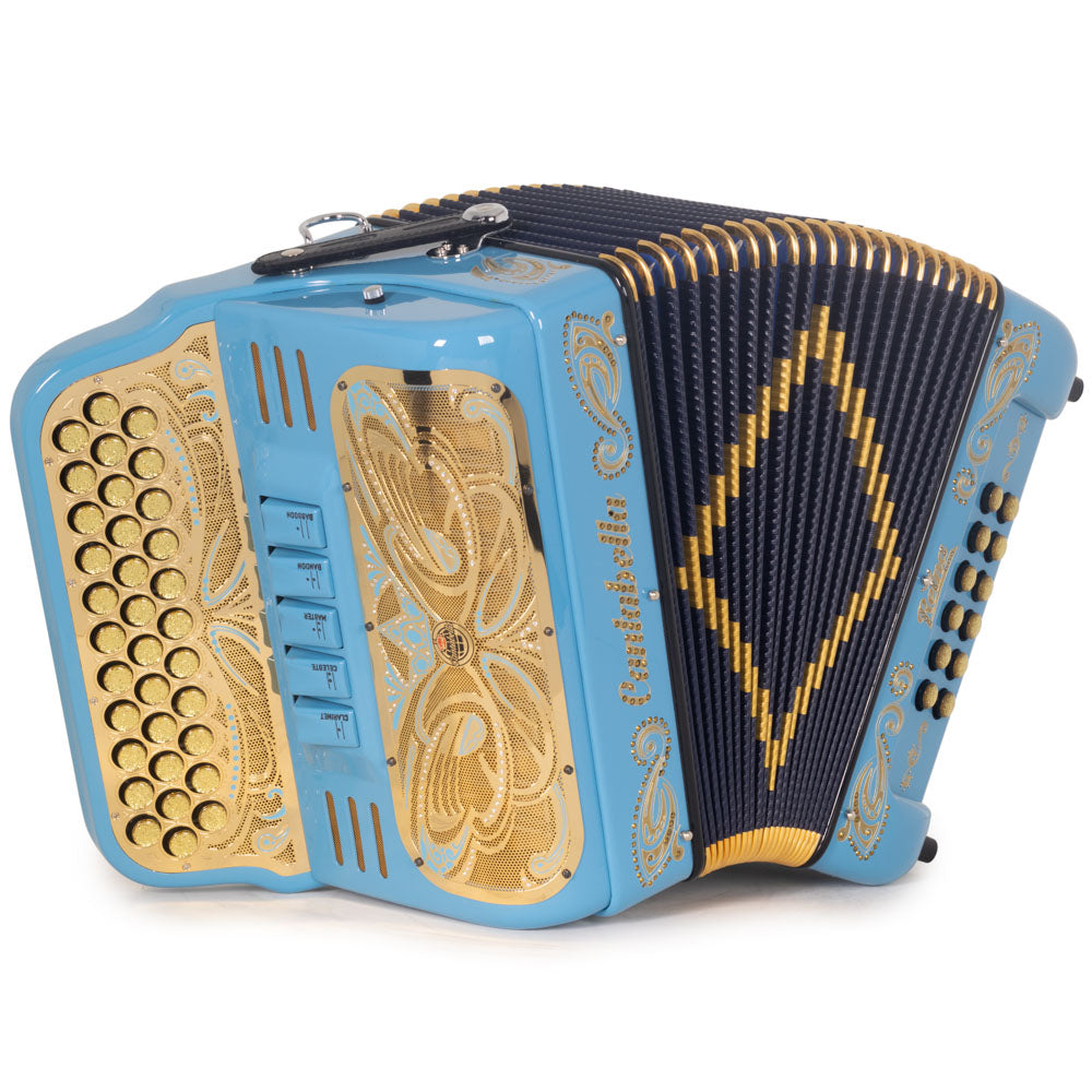 Cantabella Reina Ultra Compact Accordion 5 Switch EAD Light Blue with Gold Designs-accordion-Cantabella- Hermes Music