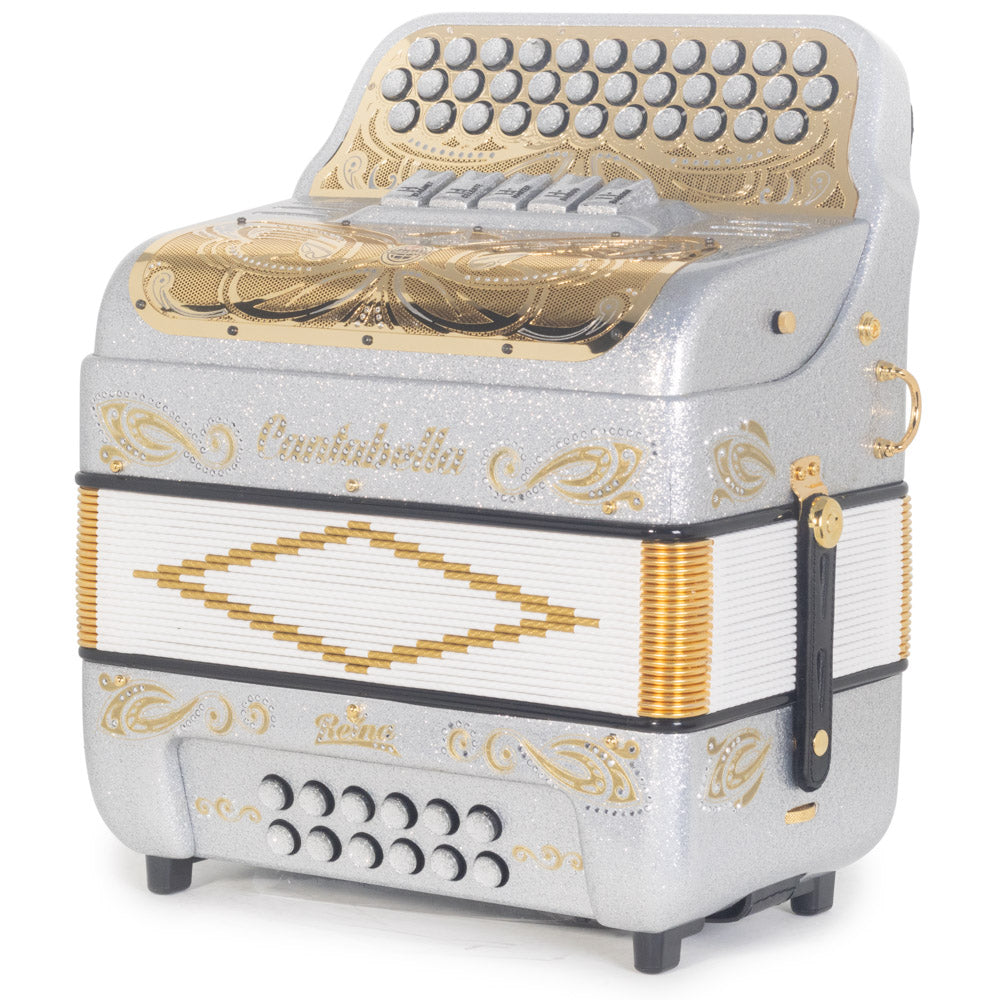 Cantabella Reina Ultra Compact Accordion 5SW FBE Silver Glitter with Gold Designs-Accordions & Concertinas-Cantabella- Hermes Music