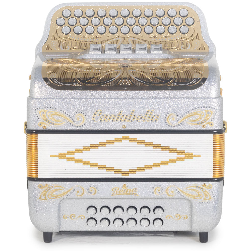 Cantabella Reina Ultra Compact Accordion 5SW FBE Silver Glitter with Gold Designs-Accordions & Concertinas-Cantabella- Hermes Music