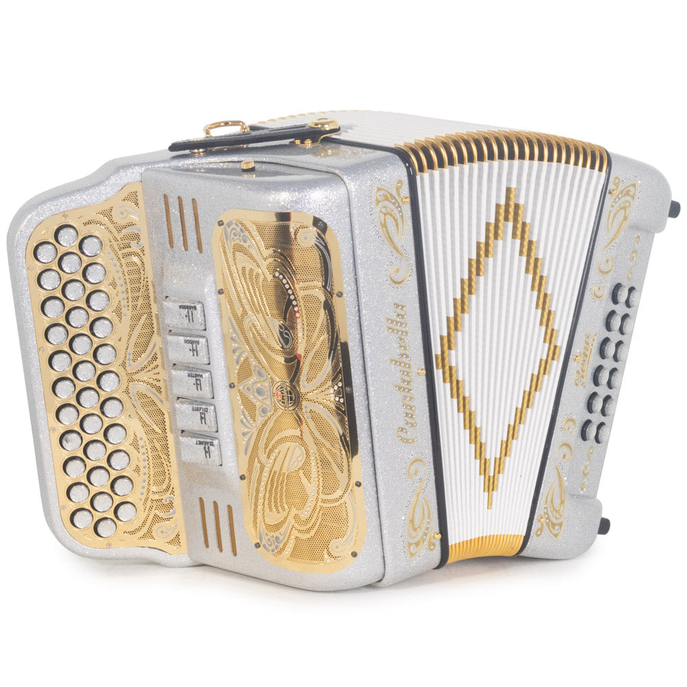 Cantabella Reina Ultra Compact Accordion 5SW FBE Silver Glitter with Gold Designs-Accordions & Concertinas-Cantabella- Hermes Music