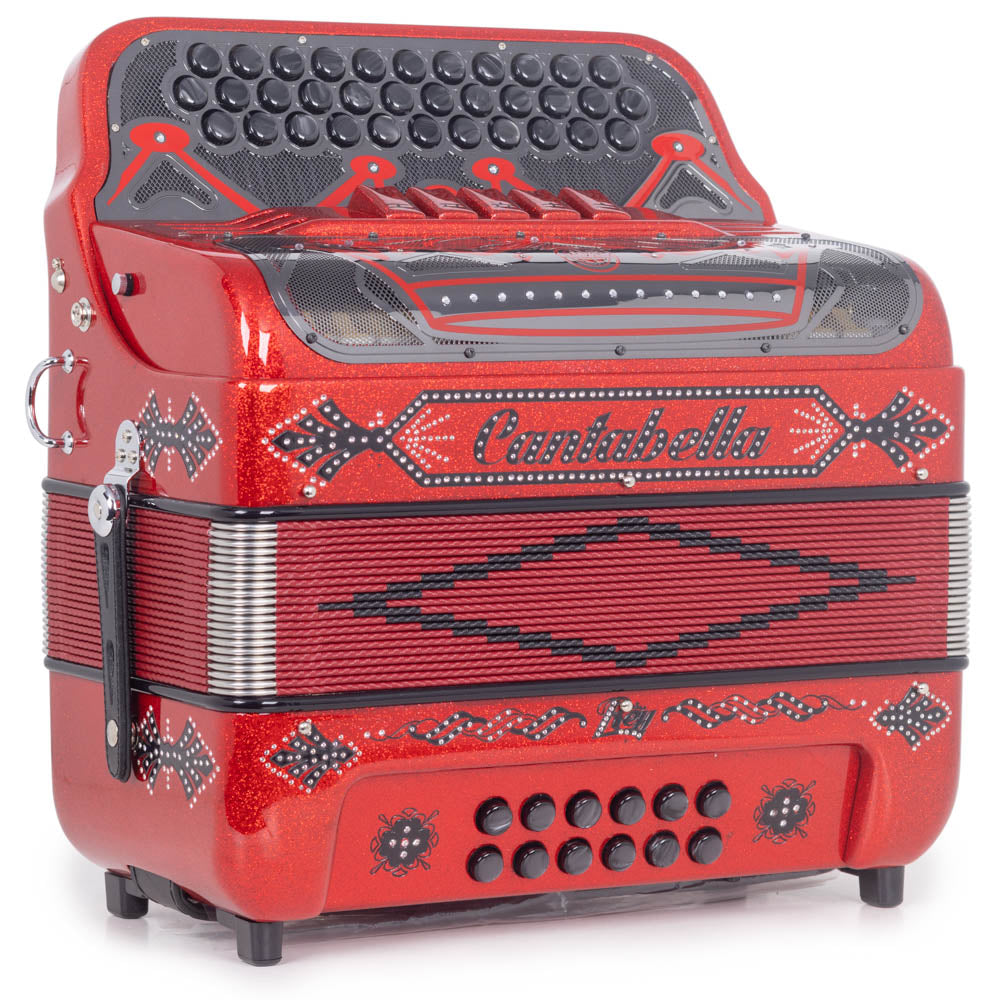 Cantabella Rey II 5 Switches FBE Red Glitter with Black Designs-accordion-Cantabella- Hermes Music