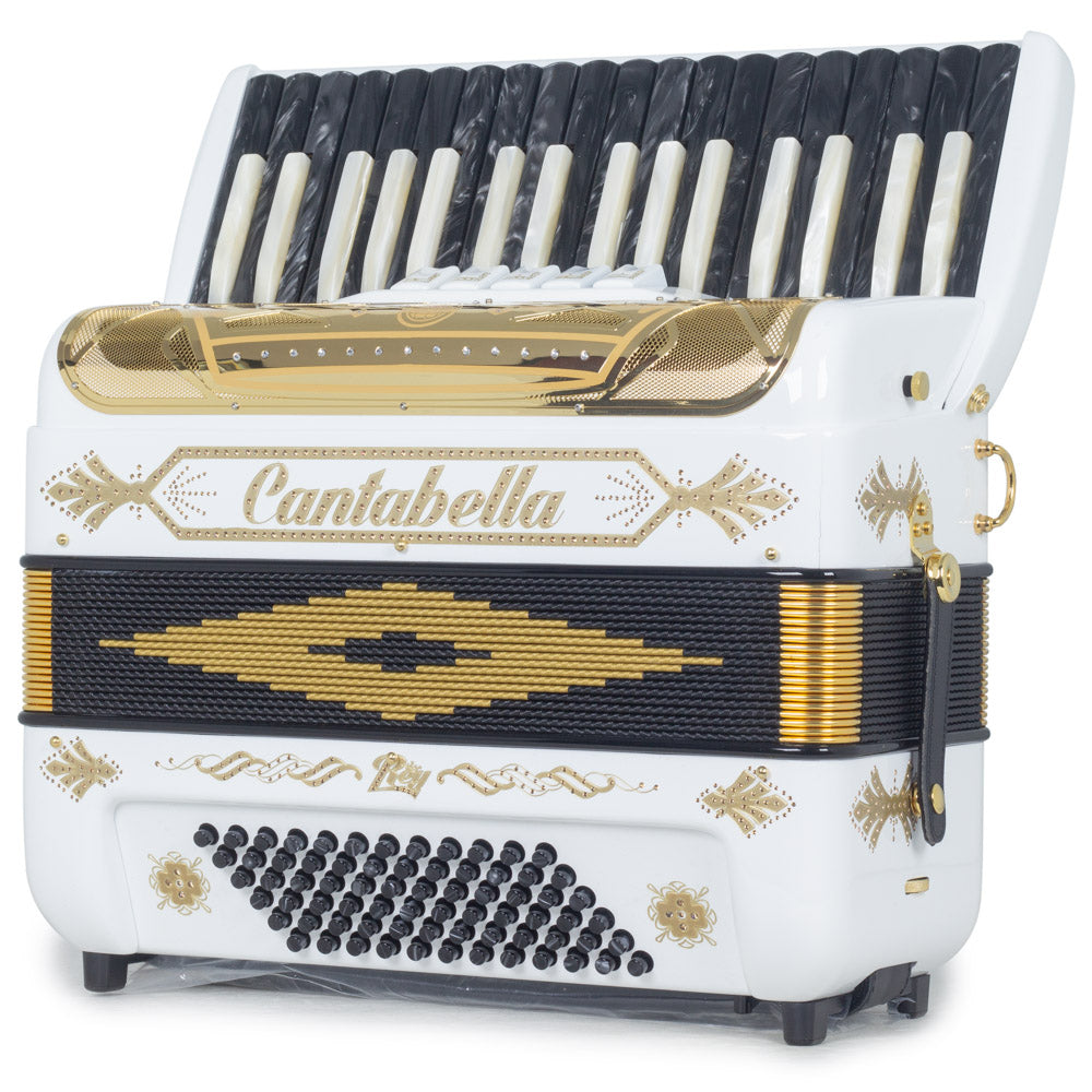 Cantabella Rey Piano Accordion 5 Switches Glossy White with Gold Designs-accordion-Cantabella- Hermes Music