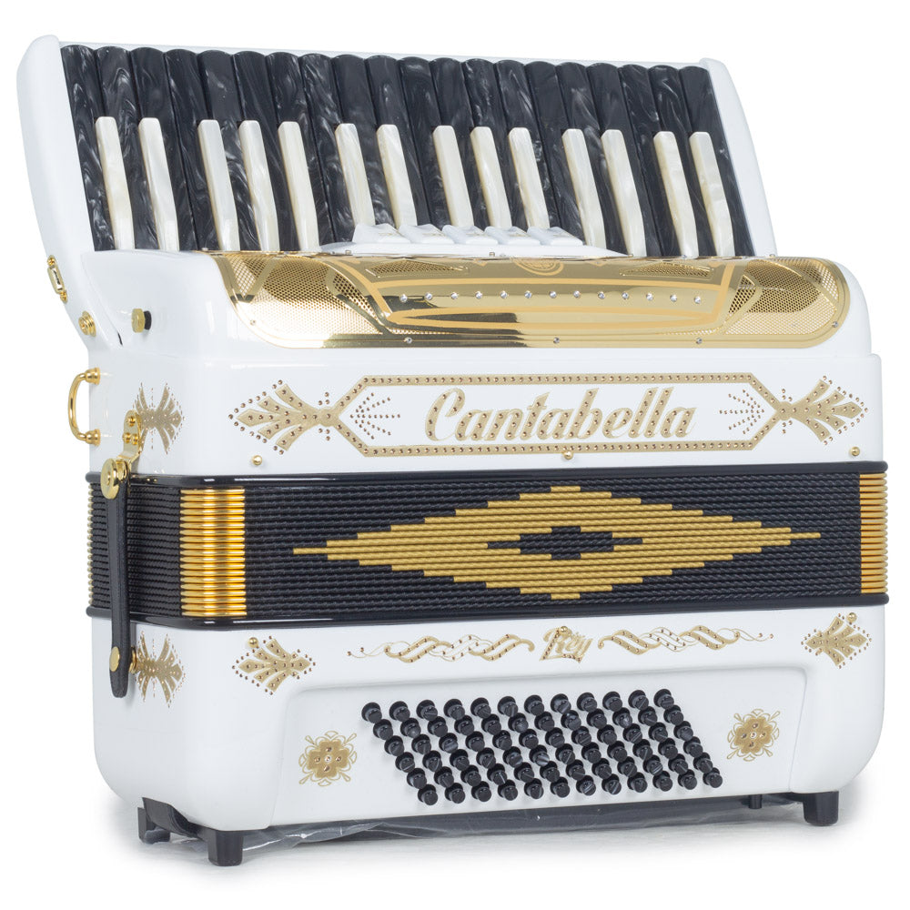 Cantabella Rey Piano Accordion 5 Switches Glossy White with Gold Designs-accordion-Cantabella- Hermes Music