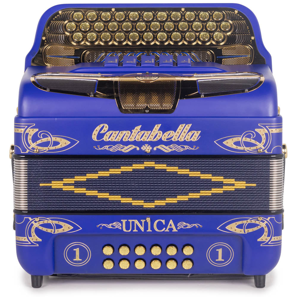 Cantabella Única Accordion 5 Switches FBE Blue Matte with Gold Designs-accordion-Cantabella- Hermes Music