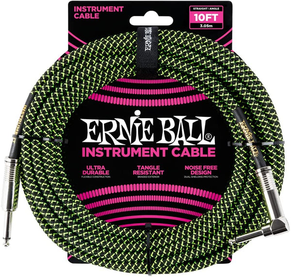 Ernie Ball P06077 Braided Straight to Right Angle -10 foot Black/Green-accessories-Ernie Ball- Hermes Music
