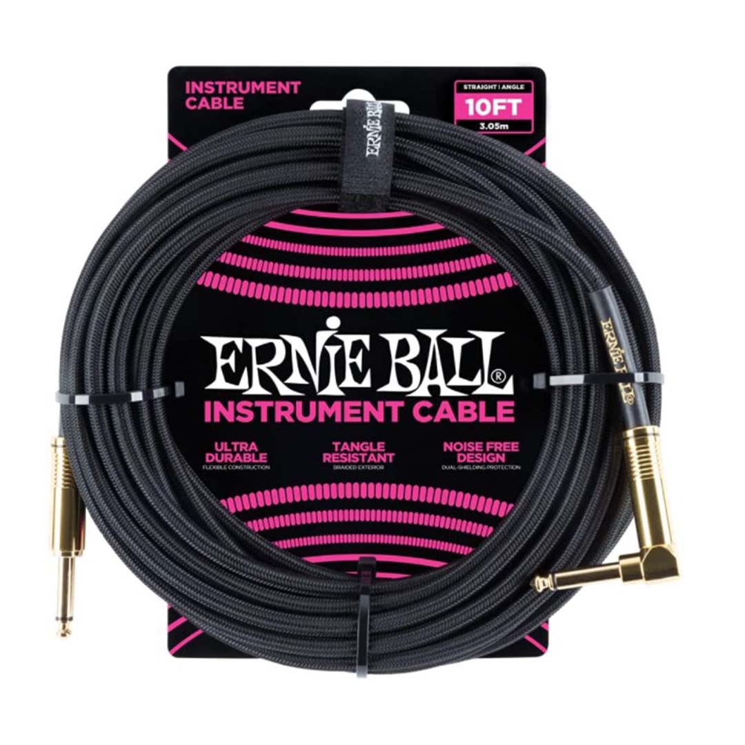 Ernie Ball P06081 Braided Straight to Right Angle Instrument Cable - 10 foot Black-accessories-Ernie Ball- Hermes Music