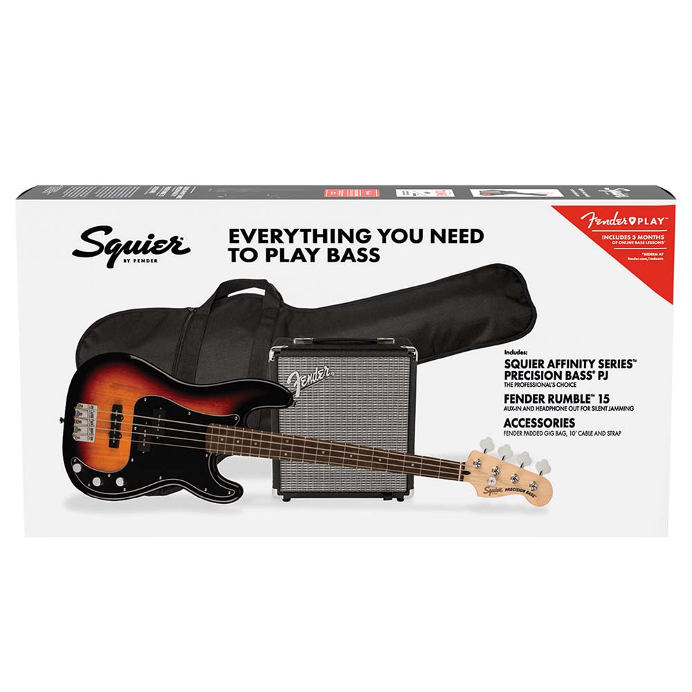 Fender Squier PJ Bass Pack w/Rumble 15, 3-Color Sunburst-bass-Fender- Hermes Music