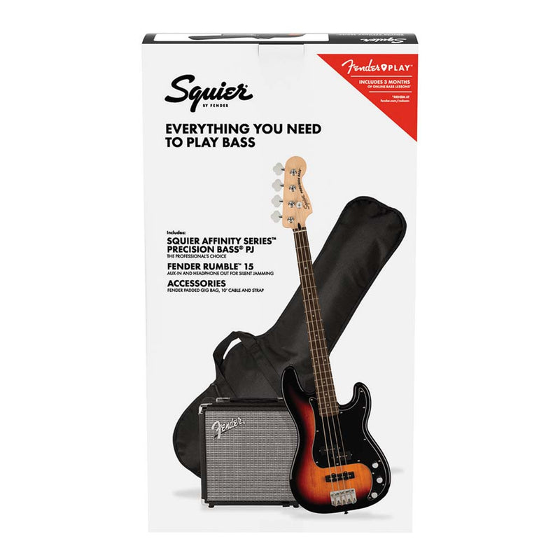 Fender Squier PJ Bass Pack w/Rumble 15, 3-Color Sunburst-bass-Fender- Hermes Music