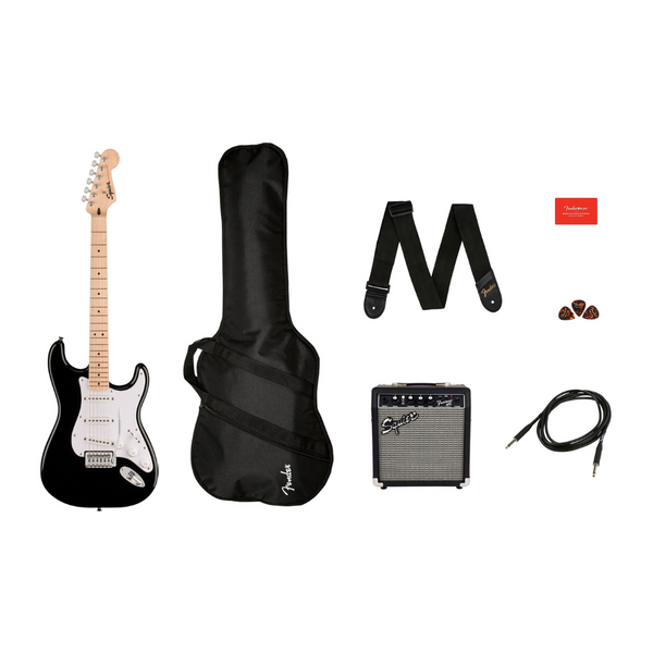 Fender Squier Sonic Stratocaster® Pack, Maple Fingerboard, Black, Gig Bag, 10G - 120V-bundle-Fender- Hermes Music