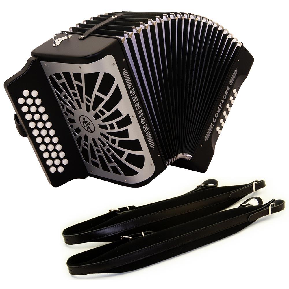 Hohner Compadre EAD Black with Gray Accordion and Cantabella Straps Bundle-accordion-Hermes Music- Hermes Music