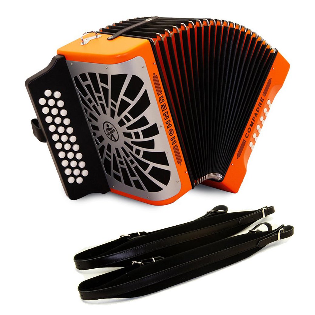 Hohner Compadre FBE Orange with Gray Grill and Cantabella Straps Bundle-accordion-Hohner- Hermes Music