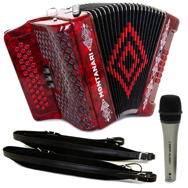 Montanari 3412 3 Switch Accordion FBE Red with Cantabella Straps and Microphone Bundle-bundle-Hermes Music- Hermes Music