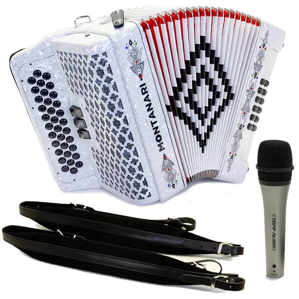 Montanari 3412 3 Switch Accordion FBE White Accordion, Cantabella Straps, and Microphone Bundle-bundle-Hermes Music- Hermes Music