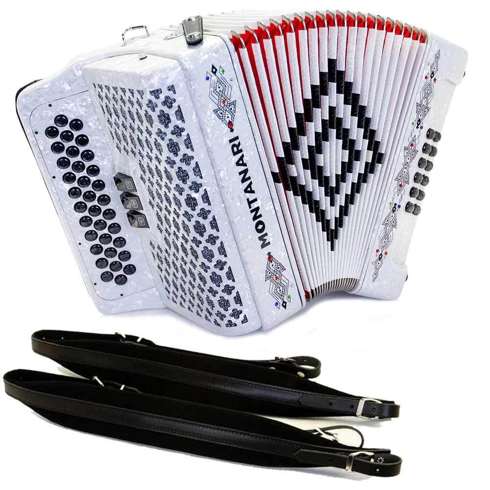 Montanari 3412 3 Switch Accordion FBE White Accordion and Cantabella Straps Bundle-accordion-Hermes Music- Hermes Music