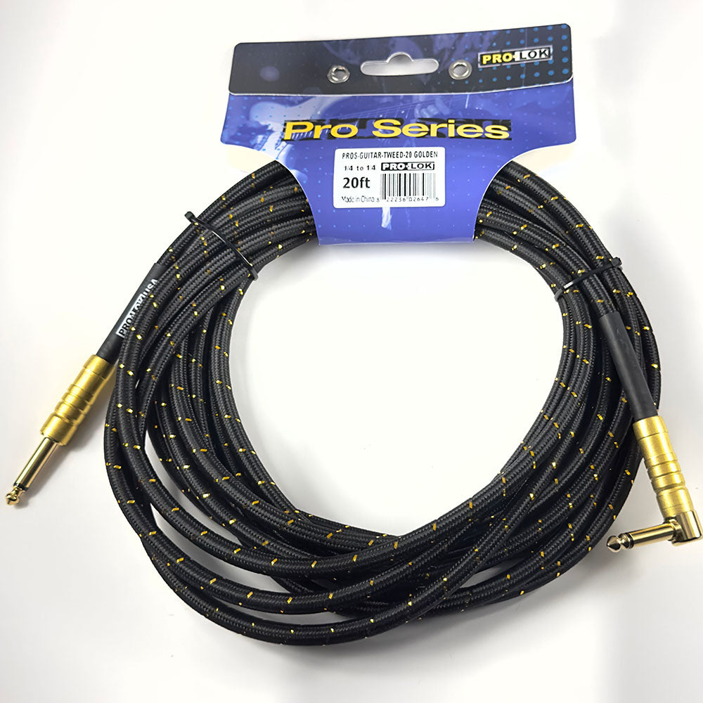 Pro-Lok 20ft Black and Gold Tw Guitar Cable with Right Angle 1/4-Guitar Accessories-Pro-Lok-Hermes Music