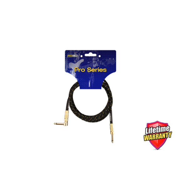 Pro-Lok 20ft Black and Gold Tw Guitar Cable with Right Angle 1/4-Guitar Accessories-Pro-Lok- Hermes Music