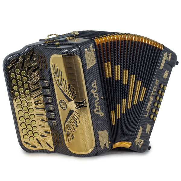 Sonola Loreto III Accordion 6 Switch FBE/EAD Carbon Fiber Black with Gold-accordion-Sonola- Hermes Music