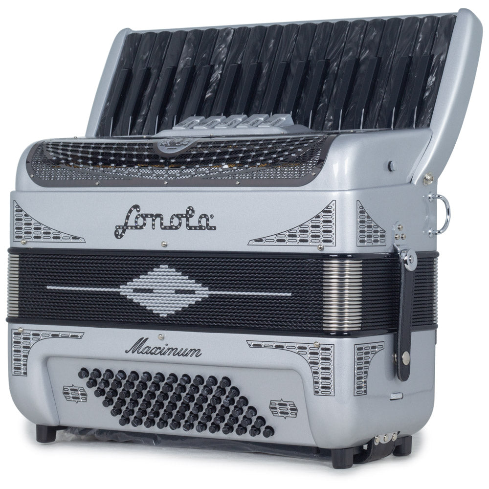 Sonola Maximum Piano Accordion 5 Switch Glossy Silver with Black Designs-accordion-Sonola- Hermes Music