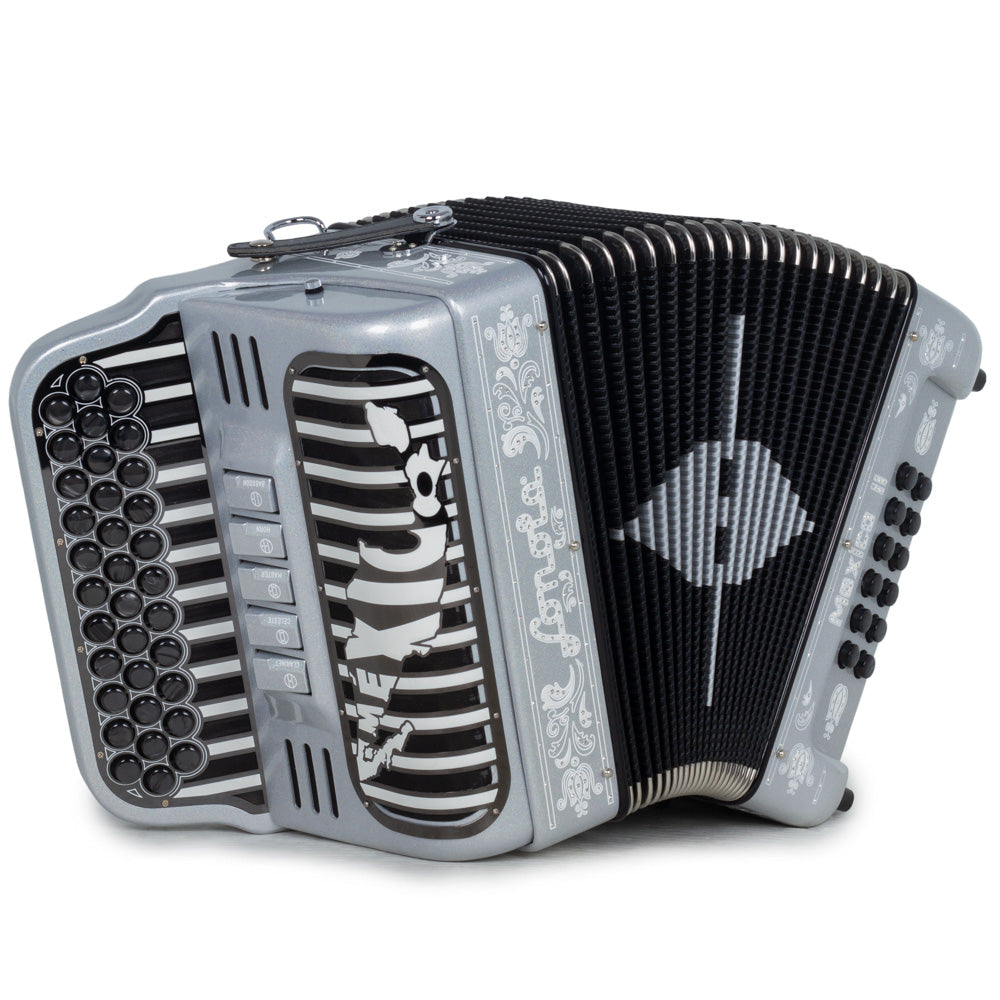 Sonola Mexico II Ultra Compact Accordion 5 Switch EAD Silver Tinsel with White Designs-accordion-Sonola- Hermes Music