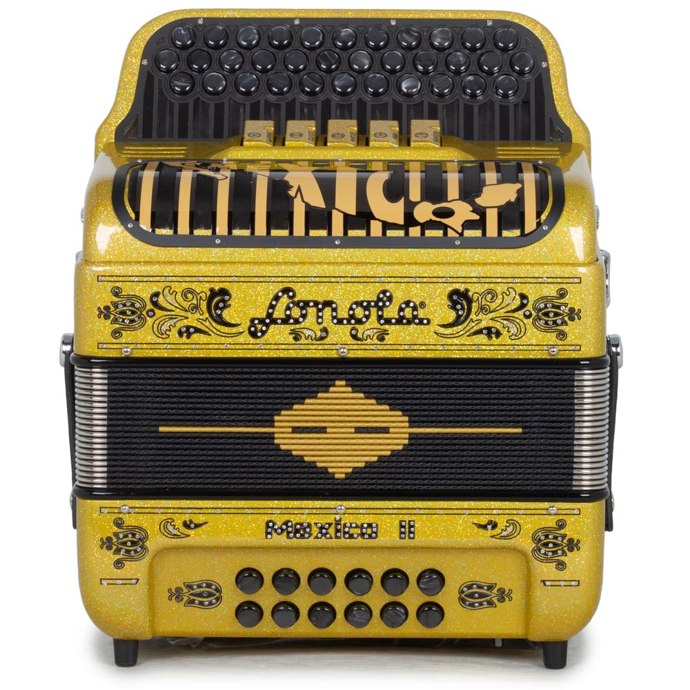 Sonola Mexico II Ultra Compact Accordion 5 Switches GCF Gold Tinsel with Black and Black Designs-accordion-Sonola- Hermes Music