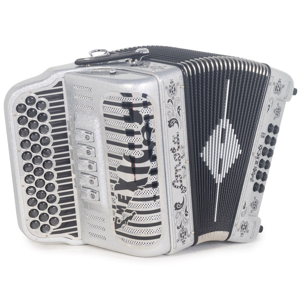 Sonola Mexico II Ultra Compact Accordion FBE 5S Silver Glitter with Black Designs-Accordions & Concertinas-Sonola- Hermes Music